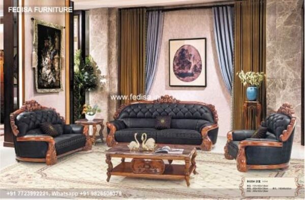 Wooden Sofa Set Wooden Genuine Leather Reclining Living Room Sets No-5044 L Shape Wooden Sofa