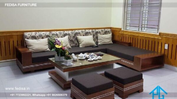 Teak Wood Setty Sofa Set L Shape Wooden Exposed Wood Frame Sofa Set Normal Wooden Sofa